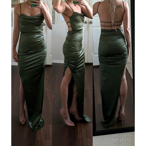 Windsor Dresses Windsor Olive Sage Green Stretchy Satin Sleeveless